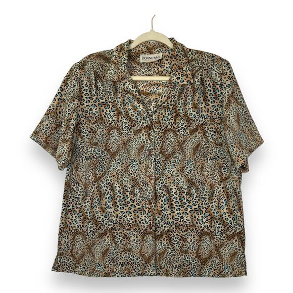 VTG Donnkenny Classics Button Crinkle Top L Artsy Abstract Animal Print Mob Wife - Picture 2 of 10
